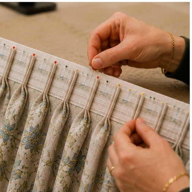 Hand-finished curtain pleats being carefully checked