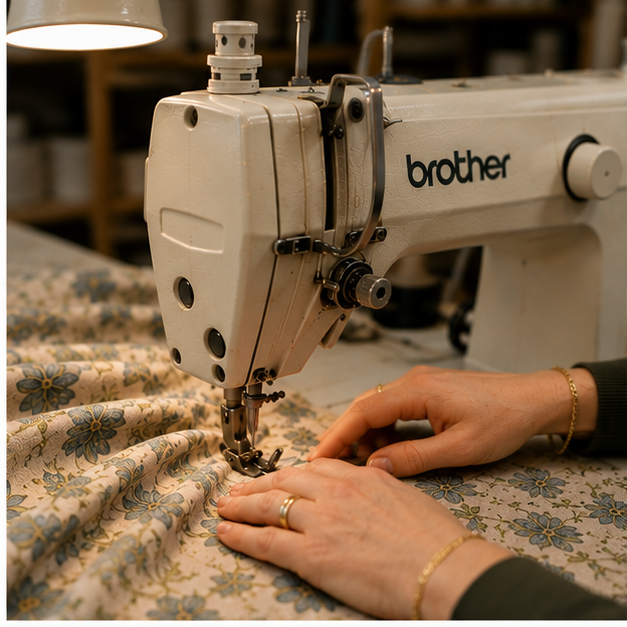Curtain fabric being sewn in the Soft Options workshop