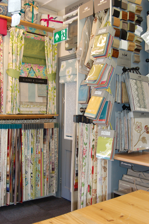 Curtain fabric displays inside the Soft Options showroom