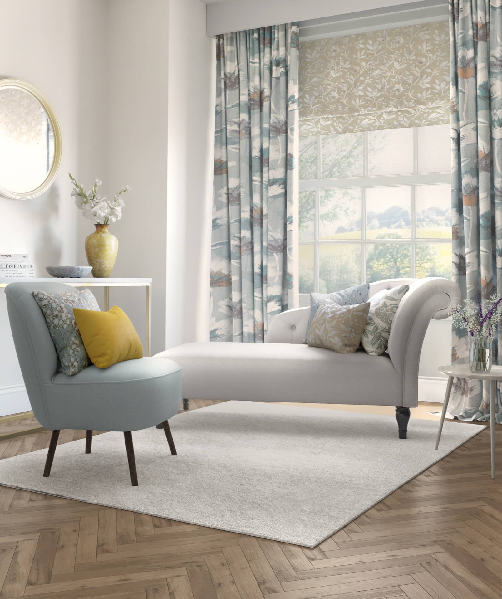 Layered curtains and Roman blind in a softly furnished interior